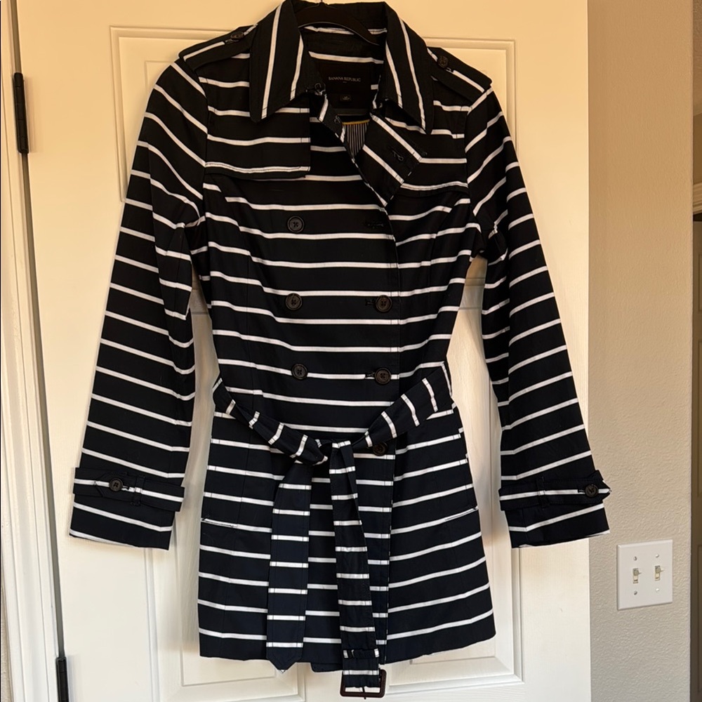 Banana Republic Women’s Navy and White Striped Belted Lined Trench Coat Medium
